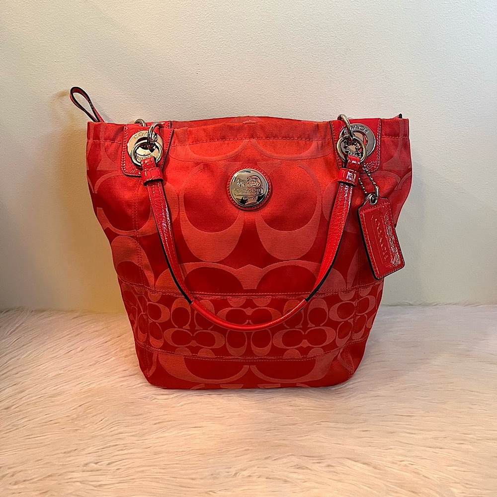 Coach Alex Signature Coral Patent Leather/Satin Tote